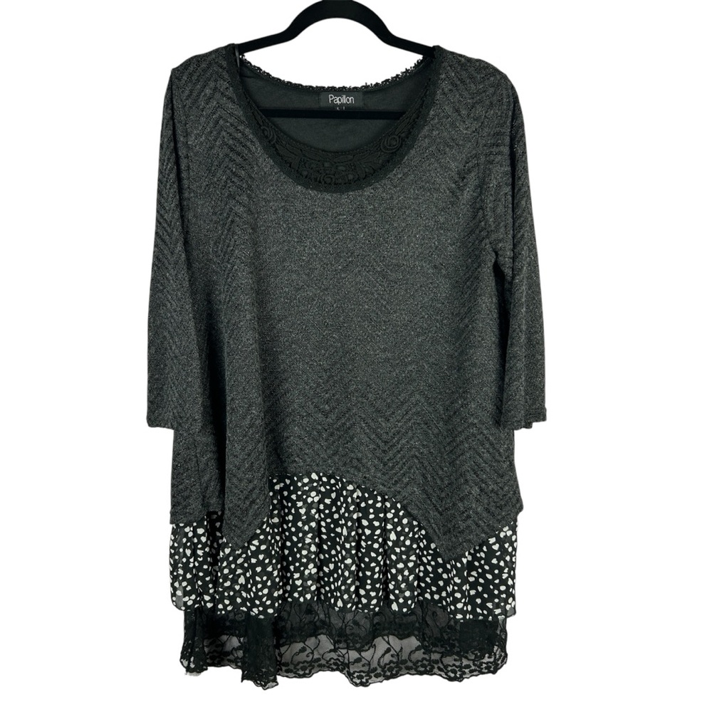 Papillon Witchy Layered Mixed Media Asymmetrical Knit Tunic Top Large Grey